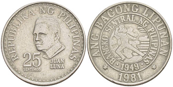 ФИЛИППИНЫ 25 СЕНТИМО 1981 ХУАН ЛУНА KM 227 медно-никель 4544-533
