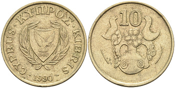Кипр 10 центов 1990 ваза с птичками KM 56.3 никель латунь 4571-1026