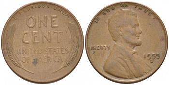 США 1 ЦЕНТ 1955 D ЛИНКОЛЬН KM А132 медь цинк 3309-234