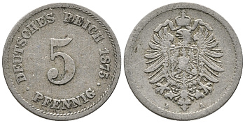 ГЕРМАНИЯ 5 ПФЕННИГОВ 1875 A, СТАРОГЕРБОВКА KM 3, J. 3 медно-никель 39-338