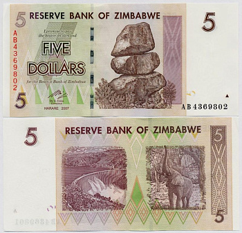 Зимбабве 5 долларов 2007 Кариба ГЭС, слон Pick 66 бумага UNC (пресс) 448-49-2