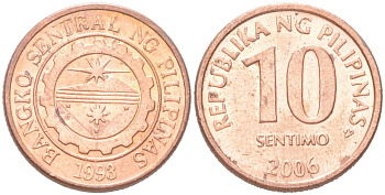 Филиппины 10 сентимо 2006 KM 270 сталь плакированная медью UNC 4614-525