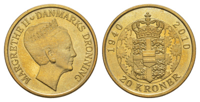 Дания 20 крон 2010 70 лет со дня рождения королевы Маргрете II KM 937 алюминиевая бронза UNC 4650-442