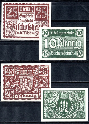 Бишофсхайм-фор-дер-Рён (Федеральная земля Бавария) полный набор из 2 нотгельдов (10 и 25 пфеннигов) 1921 Mehl Grabowski 107.1 бумага UNC (пресс) 7556-52-1-1