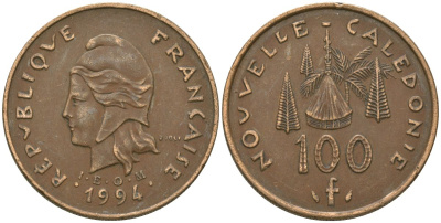 Французская Новая Каледония 100 франков 1994 хижина среди сосен и пальм, (IEOM) KM 15, Schoen 16, Lec 138 никель бронза 88-1033