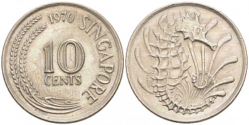СИНГАПУР 10 ЦЕНТОВ 1970 МОРСКОЙ КОНЕК KM 3 медно-никель UNC 44-121