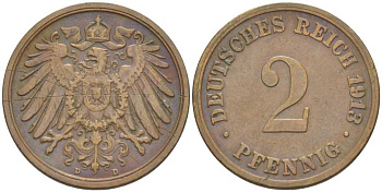 Германия 2 пфеннига 1913 D KM 16, J. 11, Weege 4 медь 206-642