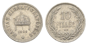 Венгрия 10 филлеров 1909 KB, Франц Иосиф I (1848-1916) KM 482 никель 4665-726