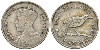 Новая Зеландия 6 пенсов 1933 Георг V (1910-1936) KM 2 серебро 4621-169