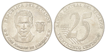 Эквадор 25 сентаво 2000 KM 107 нержавеющая сталь 4628-941