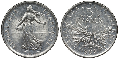 Франция 5 франков 1993 сеятель KM 926a.1, Le Franc 341.27 никель плакированный медно-никелем 4123-521