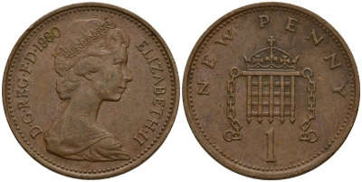 Великобритания 1 пенни 1980 Елизавета II (1952-2022) KM 915, Spink 4237 (B1) бронза 4154-966
