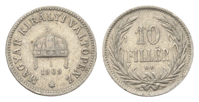 Венгрия 10 филлеров 1909 KB, Франц Иосиф I (1848-1916) KM 482 никель 4665-726