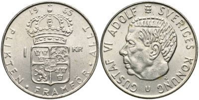 Швеция 1 крона 1965 U, Густав VI Адольф (1950-1973) KM 826 серебро 27-1026