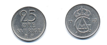 Швеция 25 эре 1973 U, Густав VI Адольф (1950-1973) KM 836 медно-никель 51-5235