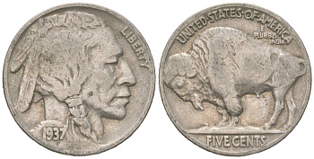 США 5 центов 1937 индеец, бизон KM 134 медно-никель 4614-1268