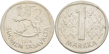 ФИНЛЯНДИЯ 1 МАРКА 1974 S KM 49а медно-никель 3718-1223