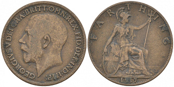 Великобритания 1 фартинг 1917 Георг V (1910-1936), темная отделка KM 808.1, Spink 4059 бронза 187-141