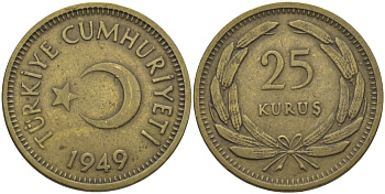 ТУРЦИЯ 25 КУРУШЕЙ 1949 KM 886 латунь 83-1821