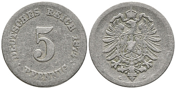 ГЕРМАНИЯ 5 ПФЕННИГОВ 1874 G, СТАРОГЕРБОВКА KM 3, J. 3 медно-никель 39-315