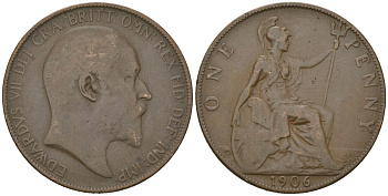 Великобритания 1 пенни 1906 Эдуард VII (1901-1910) KM 794.2, Spink 3990 бронза 221-441