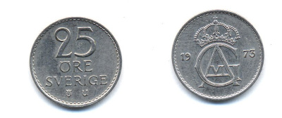 Швеция 25 эре 1973 U, Густав VI Адольф (1950-1973) KM 836 медно-никель 51-5235