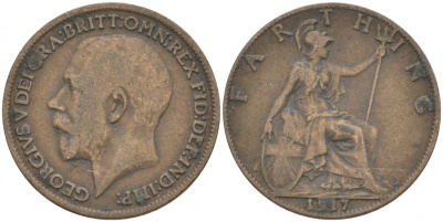 Великобритания 1 фартинг 1917 Георг V (1910-1936), темная отделка KM 808.1, Spink 4059 бронза 187-141