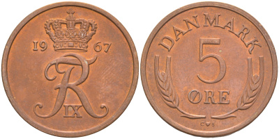 ДАНИЯ 5 ЭРЕ 1967 C; S, ФРЕДЕРИК IX (1947-1972) KM 848.1 бронза UNC 106-216