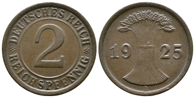 ГЕРМАНИЯ 2 РЕЙХСПФЕННИГА 1925 A KM 38, J. 314 бронза 176-332