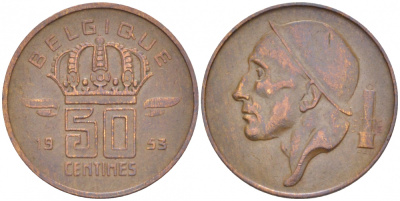 БЕЛЬГИЯ 50 САНТИМОВ 1953 BELGIQUE KM 144 бронза 3996-1228