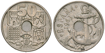 Испания 50 сантимов 1963 (65) Франсиско Франко (1939-1975), морская атрибутика KM 777 медно-никель aUNC 4618-415