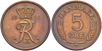 ДАНИЯ 5 ЭРЕ 1965 C; S, ФРЕДЕРИК IX (1947-1972) KM 848.1 бронза 67-554