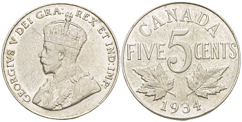 КАНАДА 5 ЦЕНТОВ 1934 ГЕОРГ V KM 29 никель 4448-924