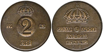 Швеция 2 эре 1963 U, Густав VI Адольф (1950-1973) KM 821 бронза 202-644