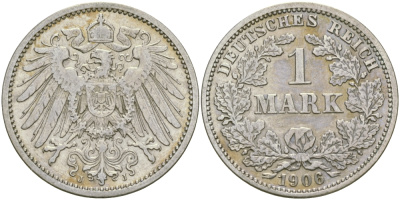Германия 1 марка 1906 J Weege 18, J. 17, KM 14 серебро aUNC 413-5734