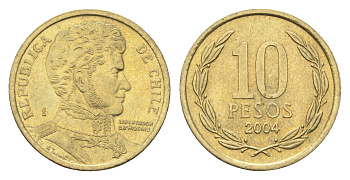 Чили 10 песо 2004 KM 228 никель латунь 4664-436