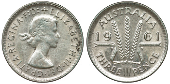 Австралия 3 пенса 1961 m, Елизавета II (1952-2022) KM 57 серебро 71-738