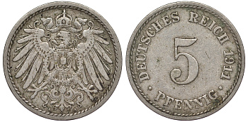 Германия 5 пфеннигов 1911 A KM 11, J. 12, Weege 6 медно-никель 25-1857