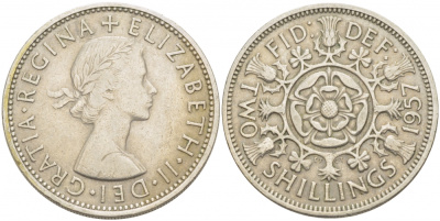 Великобритания 2 шиллинга (флорин) 1957 Елизавета II (1952-2022) KM 906, Spink 4146 медно-никель 215-225