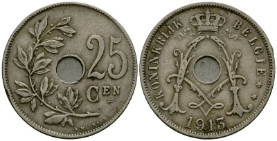 Бельгия 25 сантимов 1913 Belgie KM 69 медно-никель 4165-735