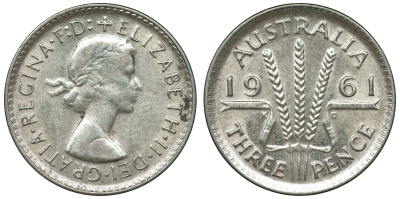 Австралия 3 пенса 1961 m, Елизавета II (1952-2022) KM 57 серебро 71-738