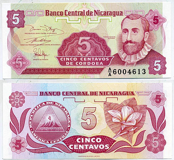 НИКАРАГУА 5 СЕНТАВО 1991 ФРАНСИСКО ЭРНАНДЕС де КОРДОБА Pick 168a бумага UNC (ПРЕСС) 6293-40-4