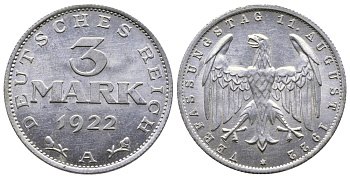 Германия 3 марки 1922 А, третья годовщина Веймарской Конституции KM 29, J. 303 алюминий 4380-744