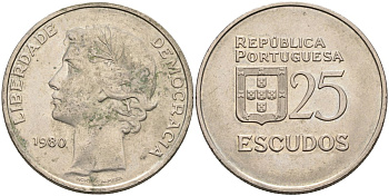 Португалия 25 эскудо 1980 первый год KM 607а медно-никель 4587-746