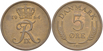 ДАНИЯ 5 ЭРЕ 1964 C; S, ФРЕДЕРИК IX (1947-1972) KM 848.1 бронза 4402-1223