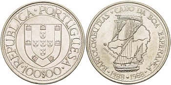 Португалия 100 эскудо 1988 серия золотой век португальских открытий, Бартоломеу Диаш KM 642 медно-никель UNC 4537-612