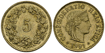 Швейцария 5 раппенов 1991 KM 26c алюминиевая бронза 4173-1055
