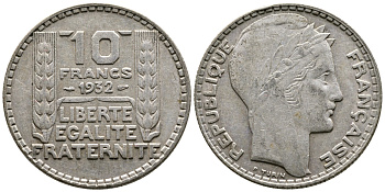 Франция 10 франков 1932 Пьер Тюрен KM 878, Le Franc 360.5 серебро 79-1532
