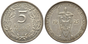 Германия 5 марок 1925 A, 1000 летие Рейнланда Weege 25, J. 322, KM 46 серебро 00-812-22