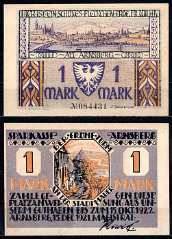 Арнсберг (Пруссия, Вестфалия) 1 марка 1921 Mehl Grabowski 42.2-2/3 бумага UNC (пресс) 7556-15-2-2